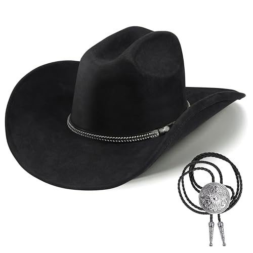 Foeran Classic Western Suede Cowboy Hat for Mens Womens Wide Brim Felt Fedora Cowgirl Hats for Cowboy and Cowgirl (US Alpha Large X-Large Black-B)