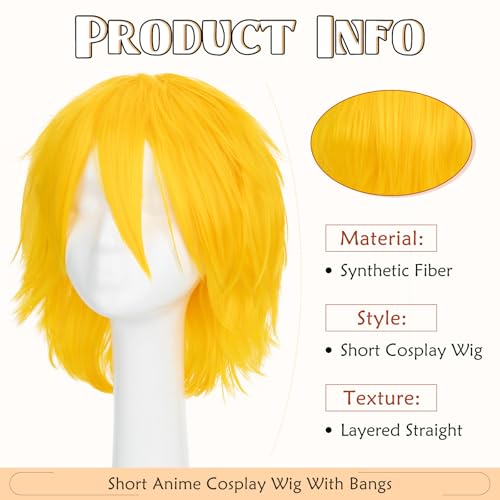 Image of S-noilite Unisex Cosplay Yellow Wig Short Fluffy Straight Hair Wig Women Mens Cartoon Anime Con Party Halloween Costume Dress Full Wigs Yellow