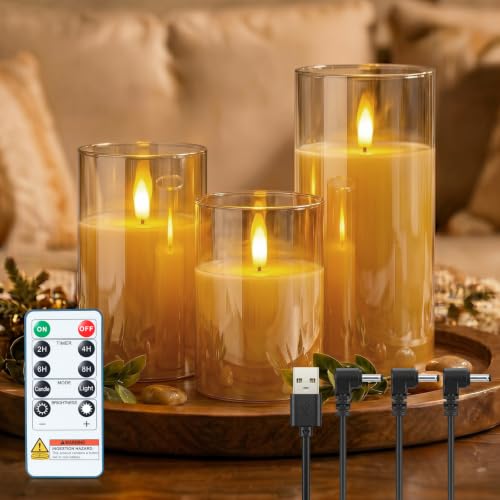 Image of Homemory Rechargeable Amber Glass Flameless Candles with Remote Timer, 3 Pack