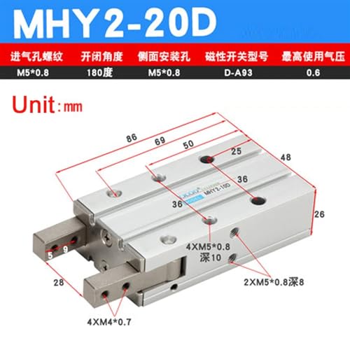 Doigt d'appui pneumatique MHY2-20D double effet rechange angle 180