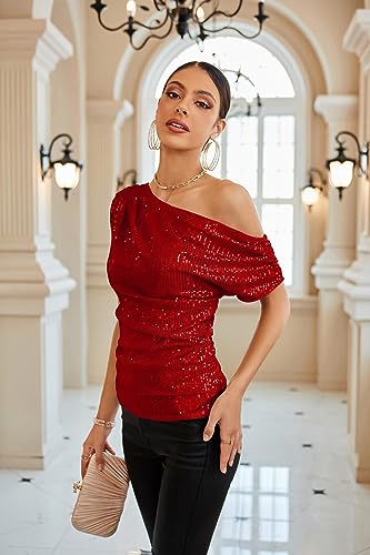 Image of GRACE KARIN One Shoulder Sequin Sparkly Tops for Women Ruched Asymmetrical Glitter Tops Slimming Sparkle Party Shirts