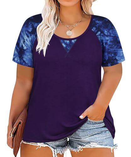 Image of CARCOS Plus Size Tops for Women Short Sleeve Shirt Summer Star /Leopard /Tie Dye /Flower Crewneck Pullover Tunic XL-5XL
