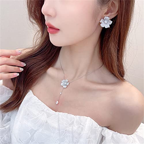 Crystal Flower Drop Y Necklace for Women Cubic Zirconia Diamond Shell Pearl Charms Pendant Choker Chain Adjustable Fashion Shiny Wedding Birthday Anniversary Jewelry Gift Box2