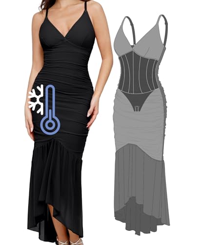 Image of Popilush Corset Dress Built in Shapewear Bodycon Cocktail Dresses for Women Wedding Guest Deep V Neck Mesh Ruched Maxi Dress