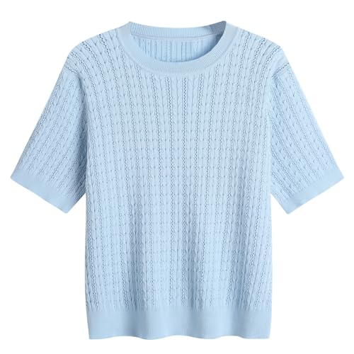 Image of Wowcarbazole Womens Summer Tops Short Sleeve Casual Crew Neck Fashion T Shirts Knit Pullover Sweater Trendy 2024