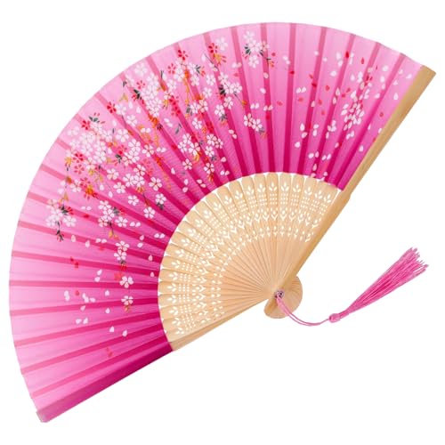Neptniopllab 1 Piece Rose Pink Folding Handheld Fan, Chinese Vintage Style Hand Fan with Tassel Photo Props Japanese Retro Style Folding Fan with Bamboo Frame for Decoration Parties