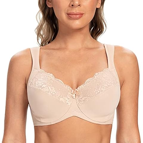 CASOLACE Women's Minimizer Cushion Strap Plus Size Full Coverage Lace Unlined Bra Pale Nude 34C Cover