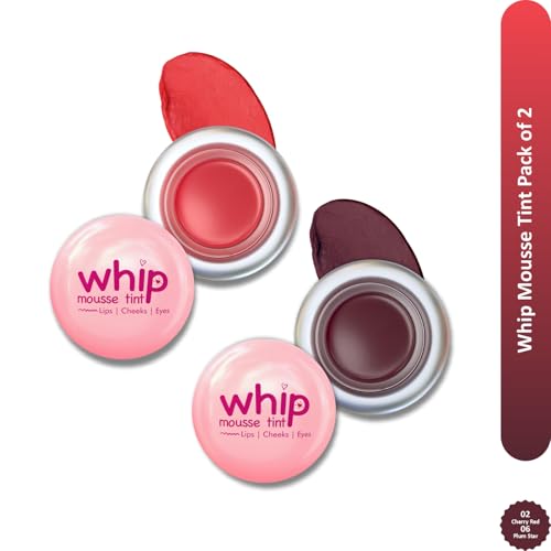 Image of Glam21 Whip Mousse Tint 3-in-1 | Lip, Cheek & Eye Tint | Vitamin E, Jojoba Oil & Shea Butter | Waterproof, Long-Lasting, Highly Pigmented | Lightweight Travel-Friendly Makeup | 4gm Each | Combo Pack Of 2 (Cherry Red&Plum Star)