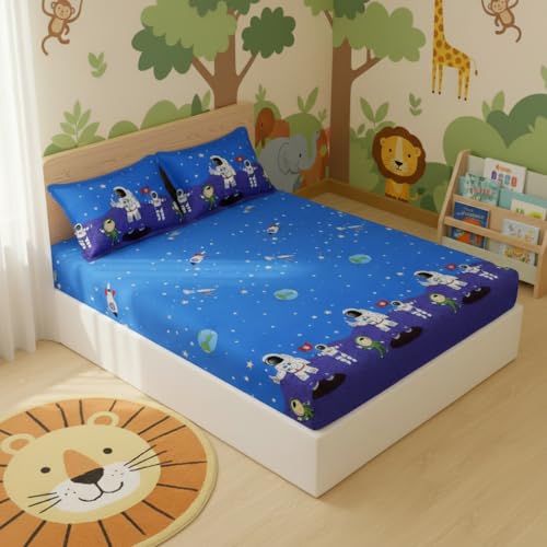 Image of Filymore Kids Double bedsheet Space and Astronaut Theme 240 TC Microfiber Soft Cartoon King Size bedcover for Kids Room (90x90 Inches)(SkyBlue and Grey)