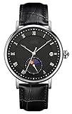 FANMIS Orologi da polso al quarzo con datario impermeabile in pelle o acciaio inossidabile, Fasi lunari nero, Attività commerciale Casual Moda Sport