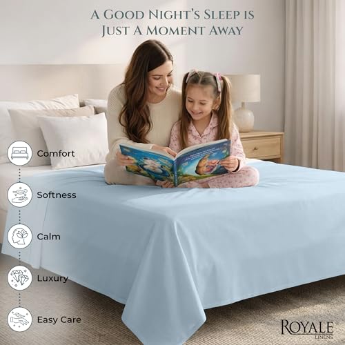 Image of Royale Linen 400 Thread Count 100% Cotton Flat Sheets Only - Cooling Flat Bed Sheets - Queen Flat Sheet Sold Separately - Luxury Sateen Weave - Breathable & Super Soft (Queen, Caribbean Blue)