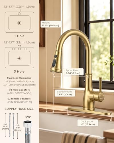 Image of WEWE Vintage Kitchen Faucet with Pull Down Sprayer, Stainless Steel 1 or 3 Hole High Arc Single Handle Antique Sink Faucet for Classic Modern Ktichen, Gold Bar & Prep Sinks