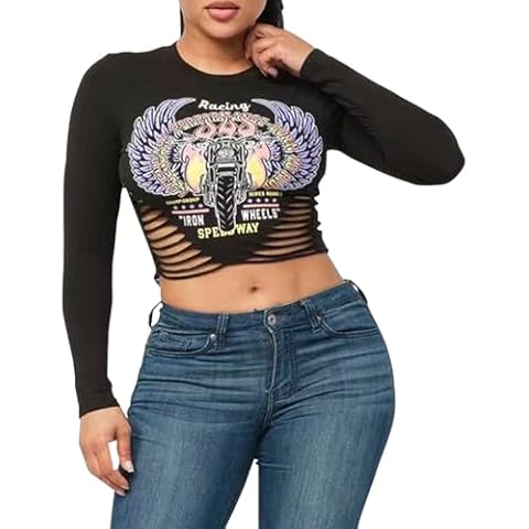 Womens Sexy Long Sleeve Hollow Out Crop Top Cute Graphic Bodycon Tee Shirts Cutout Top Black Cover