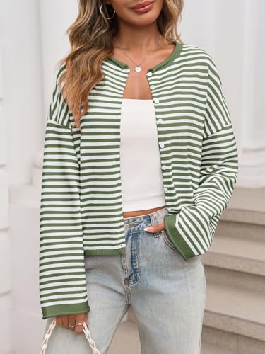 Image of Saodimallsu Womens Striped Cardigan Casual Long Sleeve Open Front Button Down Loose Knit Lightweight Fall Sweaters