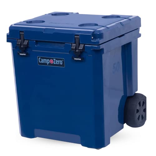 CAMP-ZERO 50L-52 Quart Hard Cooler with Easy-Roll Oversized Wheels, Extendable Aluminum Pull Handle, Perfect Insulated Ice Chest for Beverages, Beach, Camping, Family Picnics, Fishing and Boating