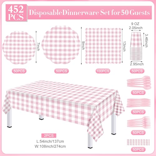 Image of Funnymoom 452 Pcs Pink Gingham Party Supplies for 50 Guests, Pink Gingham Paper Plates Napkins Cup Tablecloth Disposable Tableware for Wedding Bridal & Baby Shower Party BBQ Picnic Birthday Decoration