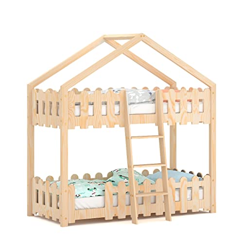 WNM Group Kinderbett 140x70 cm aus Natur Holz - NIKO Etagenbett mit...