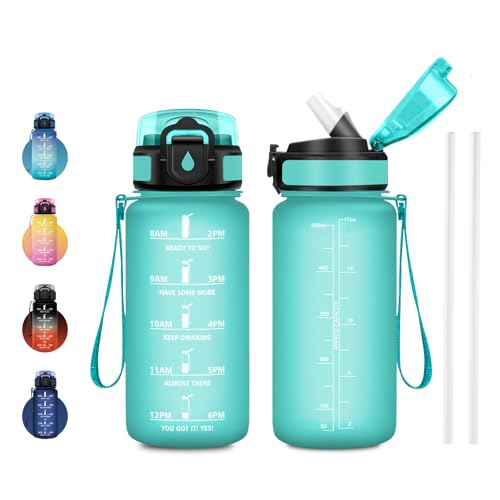 JAPORIA Gourde 500ml, Gourde avec Paille sans BPA, Bouteille d'eau de Motivation avec Marqueur de Temps, pour Sport, Plein air, Voyage, Yoga