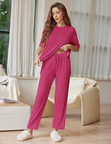 Image of Ekouaer Lounge Sets for Women Short Sleeve Tops and Long Pants Soft Comfy Pajamas Set 2 Piece Outfits