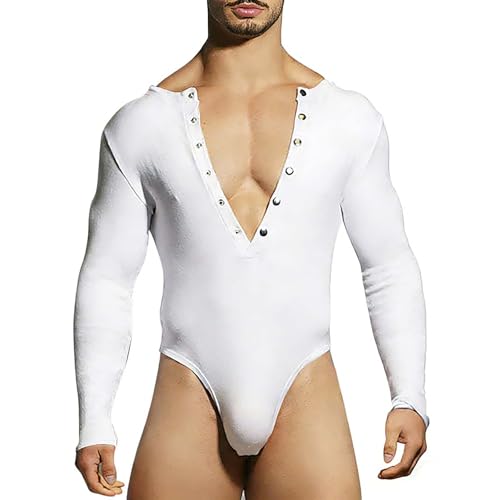 Mens Lingerie Long Sleeve Stretchy Slim Fit Thong T Back V Neck Solid Color Comfort Fashion Casual Sexy Exotic Bodysuit White