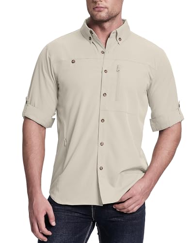 33,000ft Safari Hemd Herren Langarm Sportshemd UPF50+ UV Schutz Funktionshemd Atmungsaktiv Button-Down-Hemd mit Taschen für Wandern Angeln Reisen Khaki L