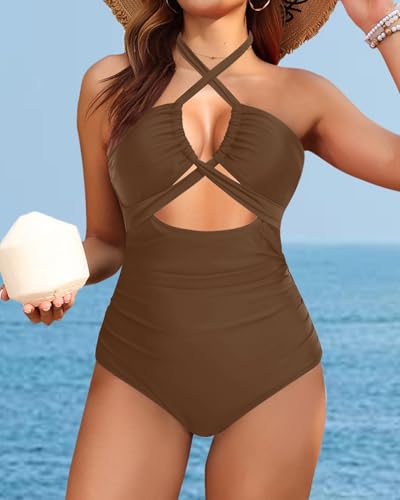 Image of Tempt Me Women Sexy Cutout One Piece Swimsuits Tummy Control High Waisted Halter Front Tie Knot Bathing Suit