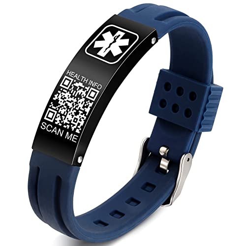 Theluckytag Medical Bracelets for Men Women with QR Code Medical Alert ID Bracelets for Sport Travel - Silicone Waterproof Wristband Fits Wrists Up to 8'' - More Space Custom Emergency Info