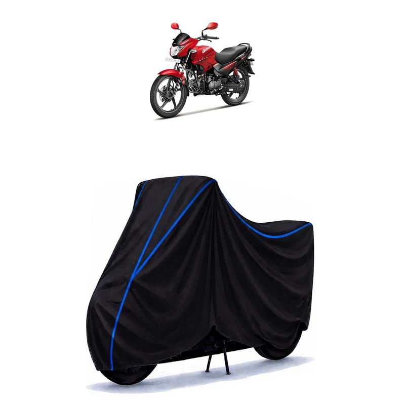 Image of Hero Glamour Disc 125 Bike Cover Water Resistant Universal Motorcycle Rain | Heavy Duty UV Protection, Dust, Scratch Indoor Outdoor All Weather with Black Blue Piping Elastic