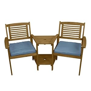 2-zitter Acacia Hardhout Tuin Love Seat Twin Jack En Jill Seat Met 2-laags Tafel Parasolgat Houten Tuinbank Companion Seat Set Outdoor Tuin Tete-a-Tete Seat Tuinmeubilair Buitenpatio 2 GRATIS Kussens