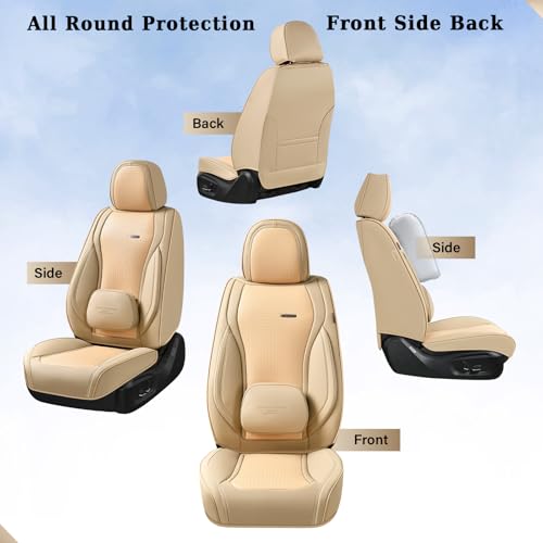 Image of Coverado Seat Covers, Car Seat Covers Front Seats, Waterproof Nappa Leather Auto Seat Cover with Lumbar Head Pillow, Beige Seat Covers Carseat Cover Universal Fit for Most Cars