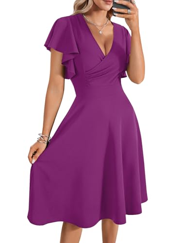 Image of LYANER Women's Warp V Neck Ruffle Short Sleeve A Line Swing Flared Cocktail Party Midi Dress