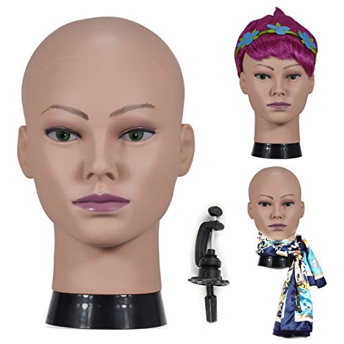 Female Training Head Cosmetology Mannequin Head Stand Wig Head 21 Inch Bald Manikin Head Doll Head for Wigs Making Display Styling Hats with Free Clamp (Mannequin Head + Wig Stand) …