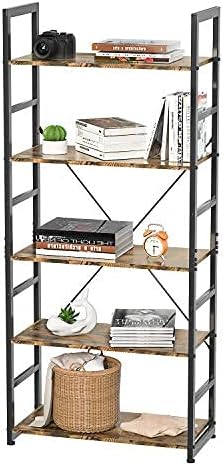 Foxemart Bookshelf, 5 Tier Shelf Bookcase Modern Standing Rack, Wooden and Metal Open Shelves Organizer for Home Office Living Room, Rustic Brown, Large