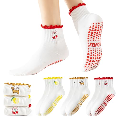 Image of BISOUSOX Pilates Socks Cute Grippy Socks Woman, Ruffle Frilly Grip Ankle Lettuce Dress Yoga Non Slip Sock Size 5 7-9