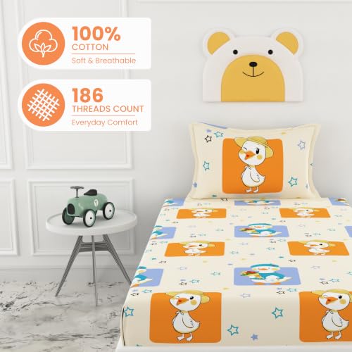 Image of LORETO - A QUALITY LINEN BRAND 186 TC 100% Pure Cotton Single Fitted Bedsheet with 1 Pillow Cover for 78 x 36 Inch Mattress, All-Around Elastic, 8 Inch Deep Pocket, Playful Ducks