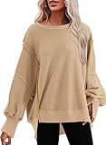 SHEWIN Sweatshirt for Women Fall Fashion 2025 Casual Long Sleeve Crew Neck Sweatshirts Cute Lightweight Oversized Sweaters for Women A Khaki Large