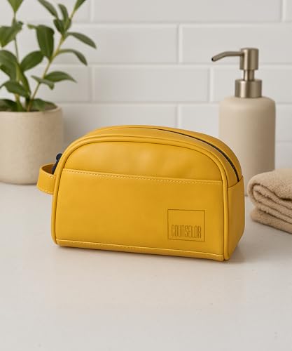 Image of COUNSELOR Toiletry Bag for Men & Women, Vegan Leather Toiletry Organizer, Shaving Kit Bag & Grooming, Travel Toiletry Pouch with Handle, Multiple Compartment, Unisex Travel Organizer Swift (Mustard)