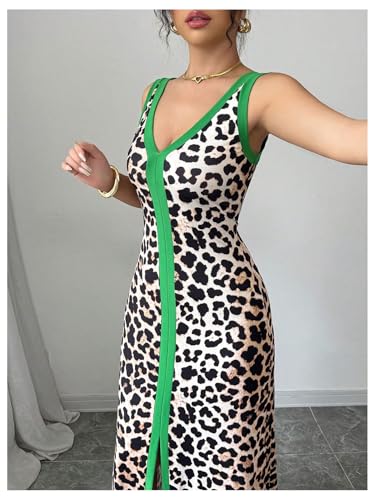 GORGLITTER Women's Leopard Cheetah Maxi Dress Animal Print High Slit V Neck Long Dresses2