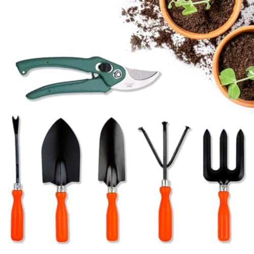 Image of Cinagro Garden Tools Kit (Set of 6) Weeder, 2 Trowels, Hand Fork, Cultivator, Pruner | Gardening Tools Kit for Home Garden, Indoor and Outdoor Gardening for Plants and Soil