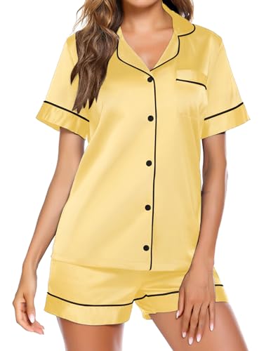 Image of Ekouaer Pajamas for Women Set Silk Satin Pjs 2 Piece Button Down Sleepwear
