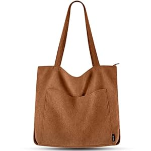 Corduroy Tote Bag for Women Large Shoulder Bag with Zipper and Pockets for College School Work Travel Shopping