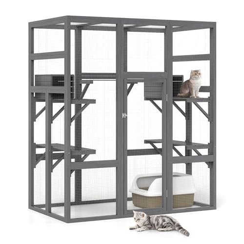 NYEEKOY 71Inches Large Wood Catio Outdoor Cat Enclosure with Perches and Condos, Cat House Indoor with Waterproof Roof, Cat Shelter 5 Platforms & 2 Resting Box, UV Resistant (Grey)