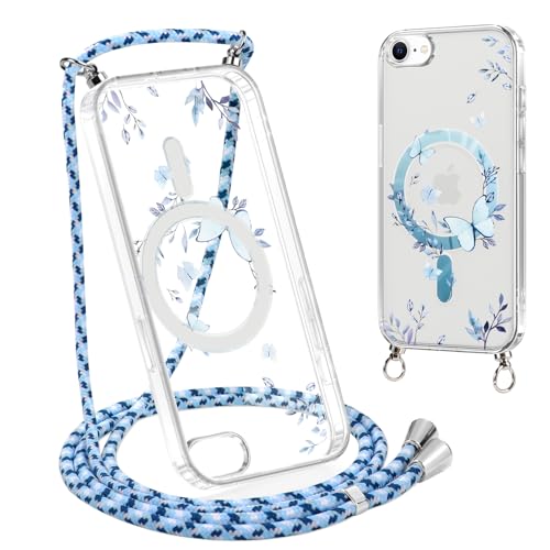 Xylota Handyband für iPhone 7/8/SE 2022/SE 2020 Hülle mit Band [Kompatibel mit MagSafe], Transparent Magnetisch Handyhülle mit Kordel, Aesthetic Muster Schutzhülle für iPhone 8,Schmetterling 02