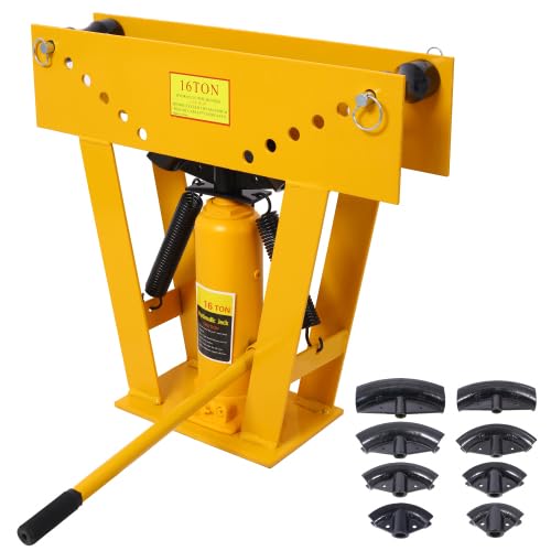 LuckyNote 16 Ton Pipe Tube Bender Manual Hydraulic, Piping Bending Exhaust Tube Fabric w/8 Dies(1/2,3/4,1,1-1/4,1-1/12,2,2-1/2,3) Adjustable Rollers 90-180 Degree Bend Steel Iron Metal,yellow