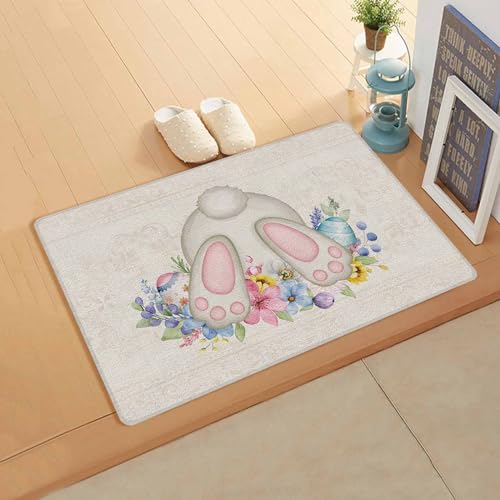 Easter But Beige Kitchen Bath Door Mat Cushioned Runner Rug,Washable Welcome Floor Sink Antifatigue Mat,Waterproof & Non-Slip Comfort Standing Doormat,Spring Flowers Plants Leaves Eggs Bunny 18