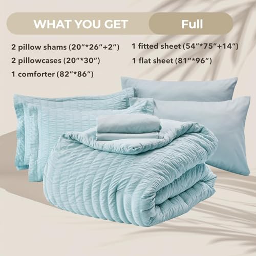 Image of HYMOKEGE Lake Blue Full Size Comforter Sets Seersucker 7 Pieces, All Season Luxury Bed in a Bag for Bedroom, Bedding Set with Comforters, Sheets, Pillowcases & Shams