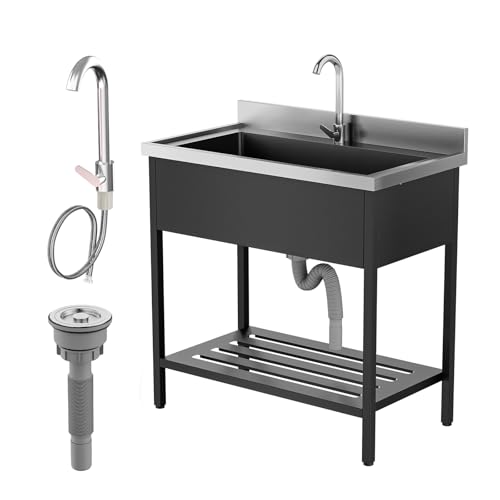 ROVSUN Stainless Steel Black Utility Sink, Free Standing Sink with Faucet & Legs for Laundry Room, Kitchen, Restaurant, Garage, Outdoor Garden, Backyard, Commercial, Industrial 20"D x 36"W x 38.39"H