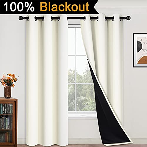 Image of Yakamok 84 Inch Length 100% Blackout Curtains for Bedroom, 2 Thick Layers Thermal Insulated Grommet Total Blackout Drapes with Black Liner for Living Room (42Wx84L,Cream, 2 Panels)