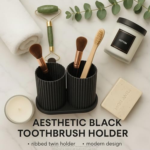 Image of Tooth Brush Holder Bathroom, Brush Holder for Bathroom Organizer, Toothbrush Holder Stand, Brush Stand, Comb Holder, Hostel Essentials for Girls College, Toothpaste Holder | Black |