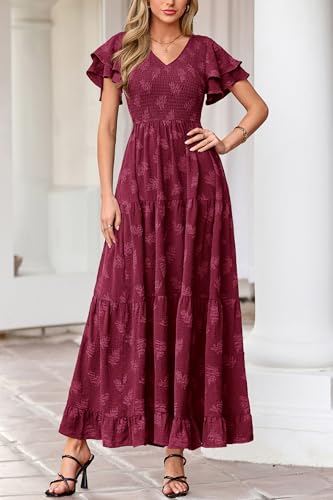 dowerme Maxi Dresses for Women 2026 Summer Ruffle Sleeve V Neck Smocked A Line Floral Boho Tiered Sundress Spring Outfit(Burgundy,XX-Large) — view 2